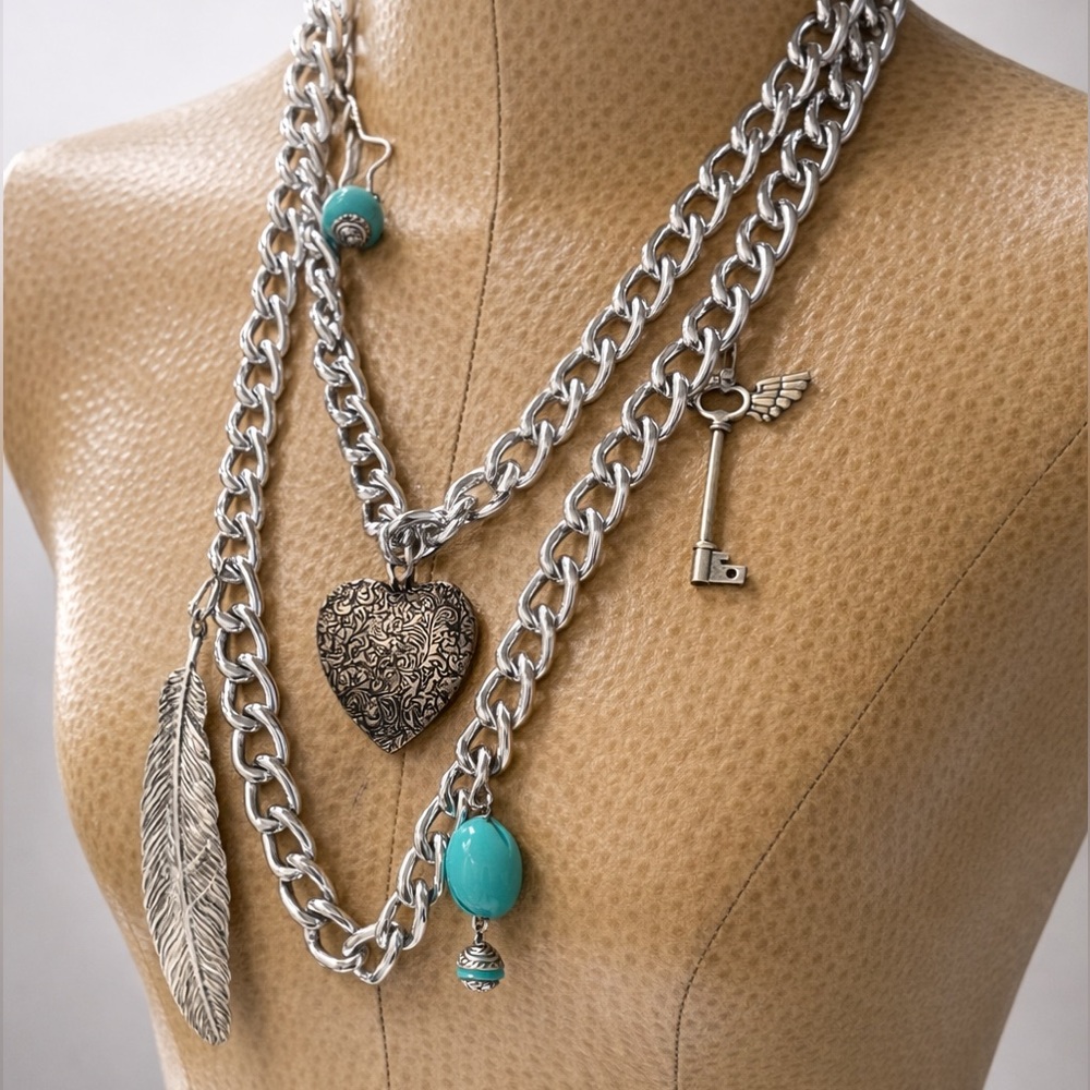 Silver Chunky Chain Statement Boho Layer Necklace with Heart and Charms NWT